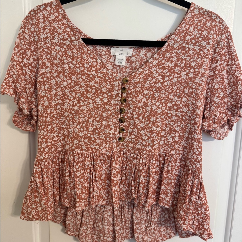 Rust Floral Ruffle Blouse